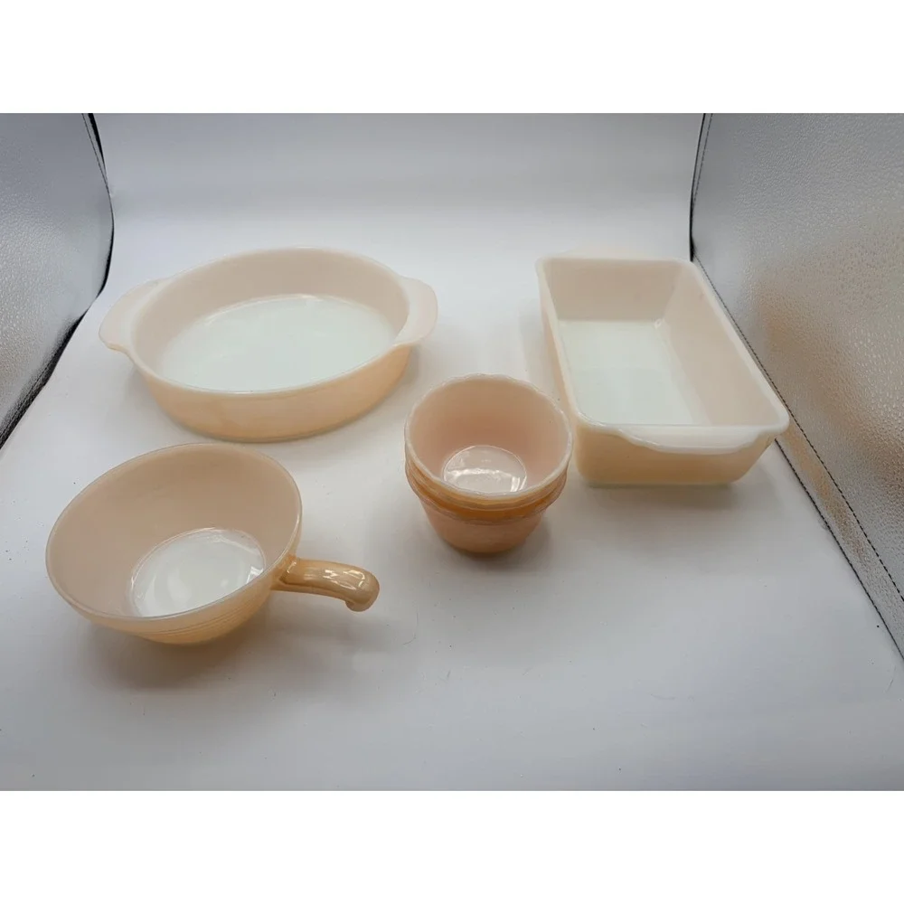 Vintage Fire-King Peach Lustre Bakeware Lot Casserole Baker Ramekins USA - 6 EA